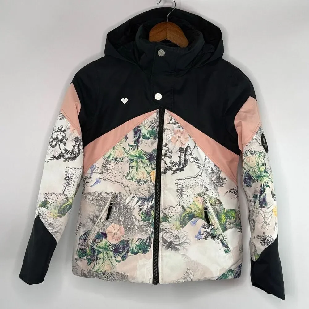 Obermeyer Girls' Tabor Ski Jacket in “Tell Me A Story” Print Pink Black Full Zip